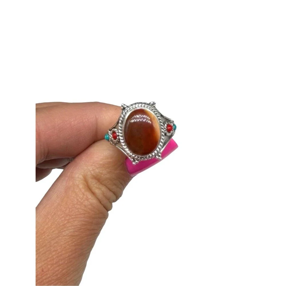 Red Moss Agate Coral & Turquoise Ring Size 7.5 Solid 925 Sterling Silver